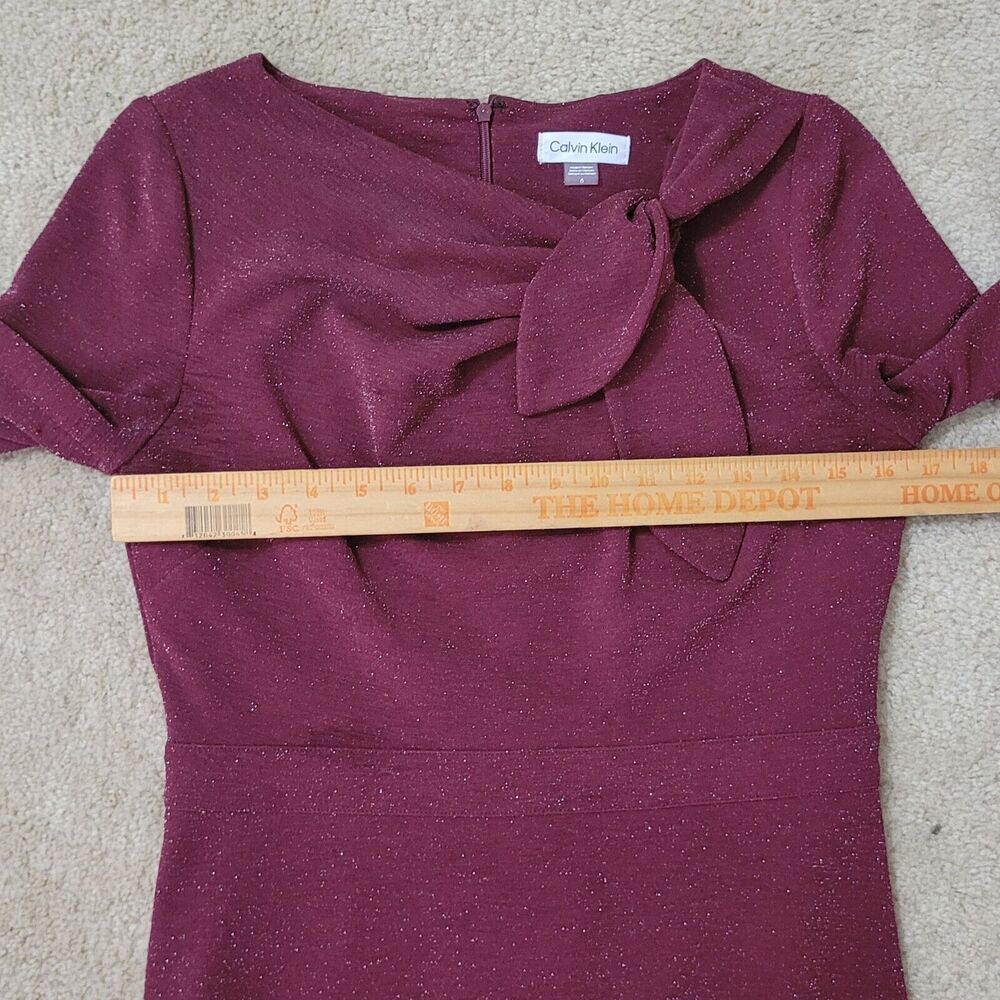 Calvin Klein Sheath Dress Womens 6 Wine Red Tie Neck Sparkle Detail 3/4 Sleeves - Picture 10 of 16
